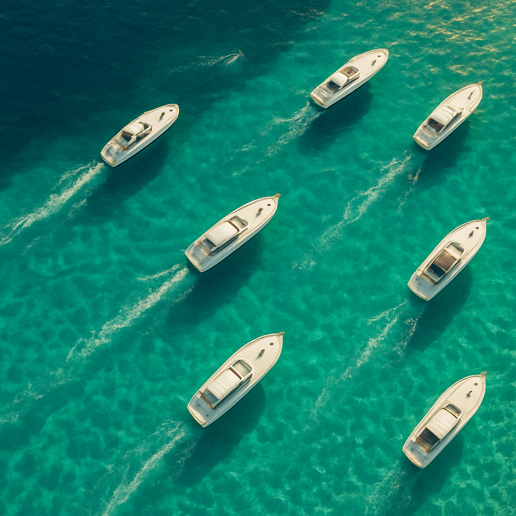 Aerial view of speedboats floating in the crystal-clear turquoise waters of Hvar, Croatia